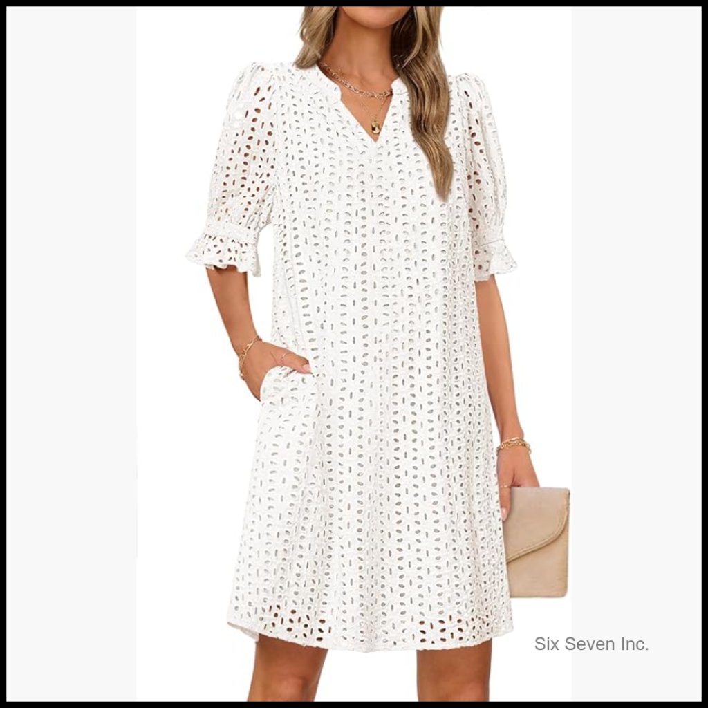 Short Sleeve Mini Dress V Neck Ruffle Hollow Out Eyelet Lace